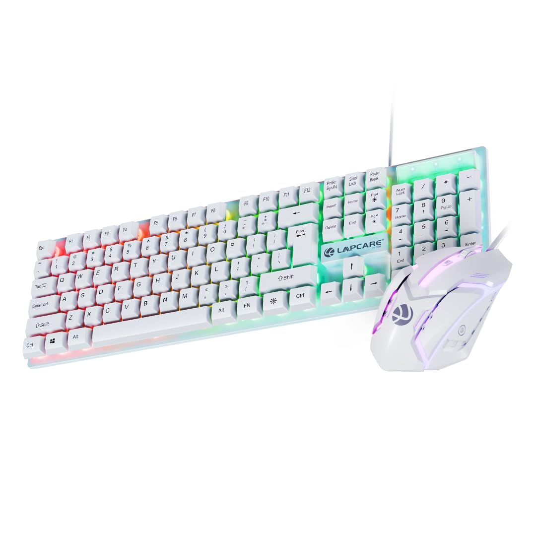 LAPCARE RAPIDO Wired Gaming Keyboard and Mouse Combo with RGB Lighting, Membrane Keys, 8 Million Clicks, Optically Precise Tracking, USB Interface, Ergonomic Design for PC Gaming, White (‎LGC-213)