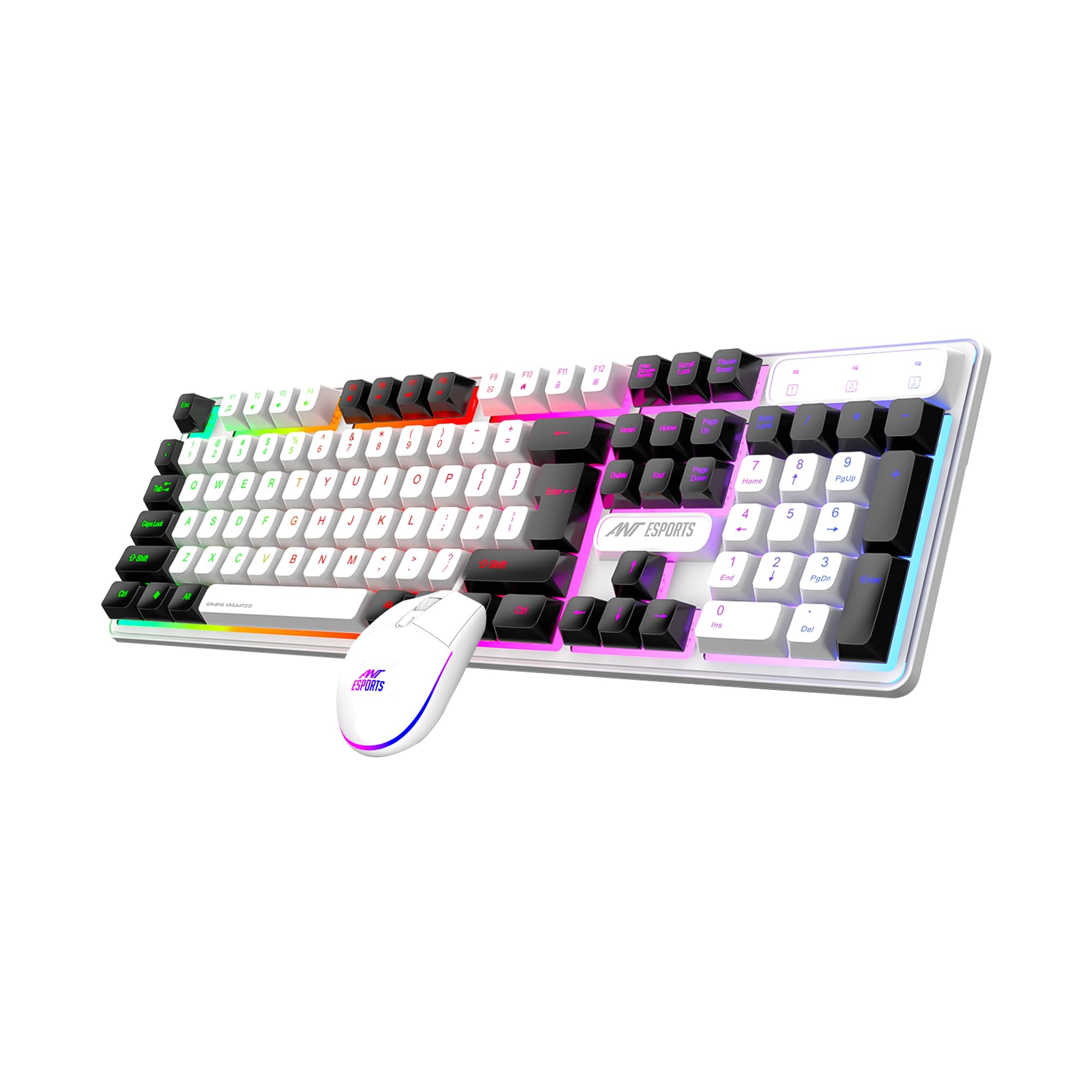 Ant Esports KM1610 LED Gaming Keyboard and Mouse Combo, 104 Keys Rainbow Backlit Keyboard and 7 Colour RGB Mouse for PC Laptop Xbox PS4 Gamers and Work, White