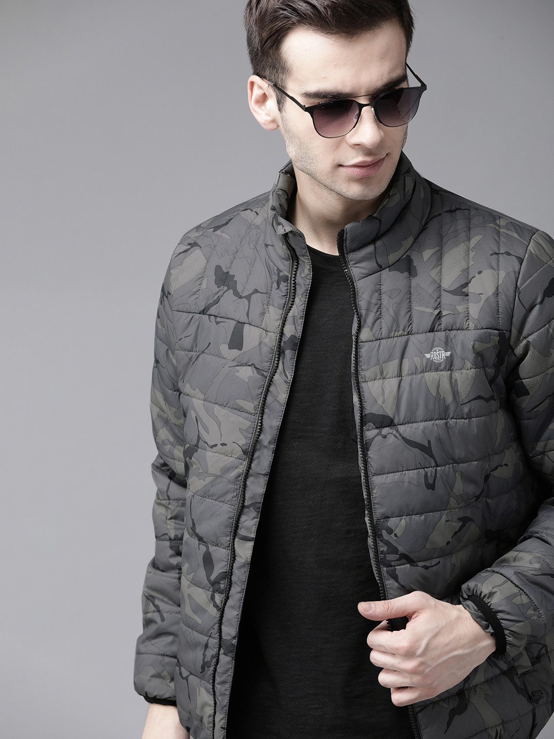 Roadster Men Charcoal Grey & Black Printed Padded Jacket