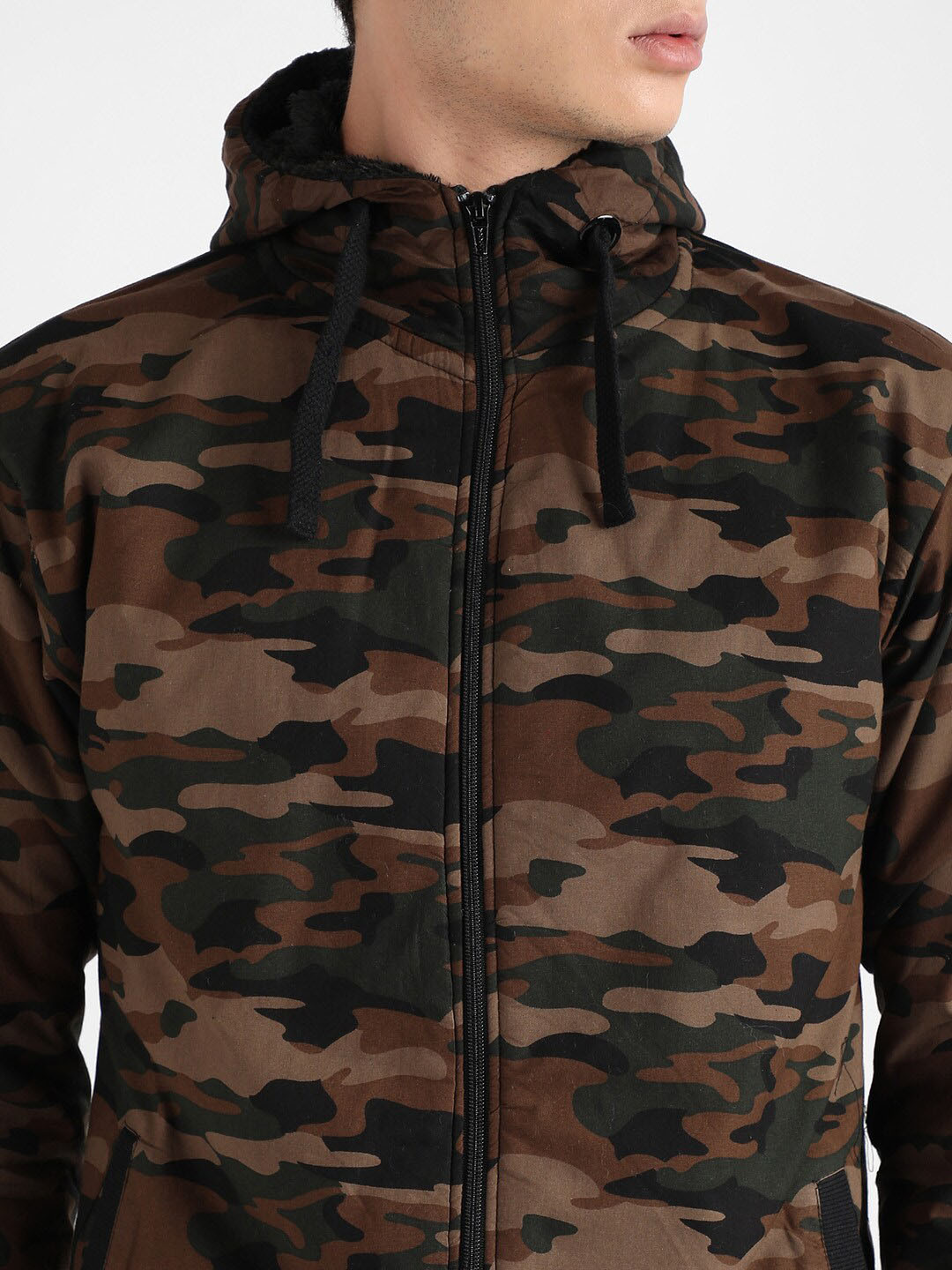 Campus Sutra Camouflage Printed Hooded Windcheater Crop Cotton Bomber Jacket - Image 2