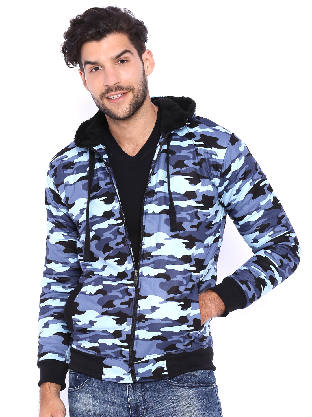 Campus Sutra Black & Blue Camouflage Print Hooded Bomber Jacket - Image 2