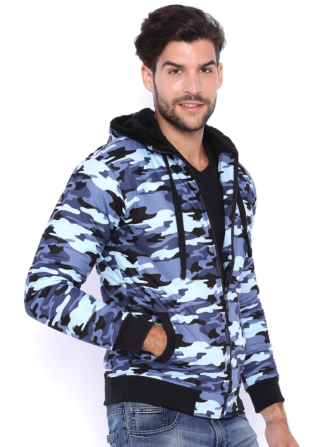 Campus Sutra Black & Blue Camouflage Print Hooded Bomber Jacket - Image 3