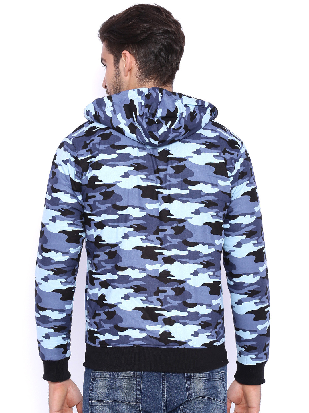 Campus Sutra Black & Blue Camouflage Print Hooded Bomber Jacket - Image 4