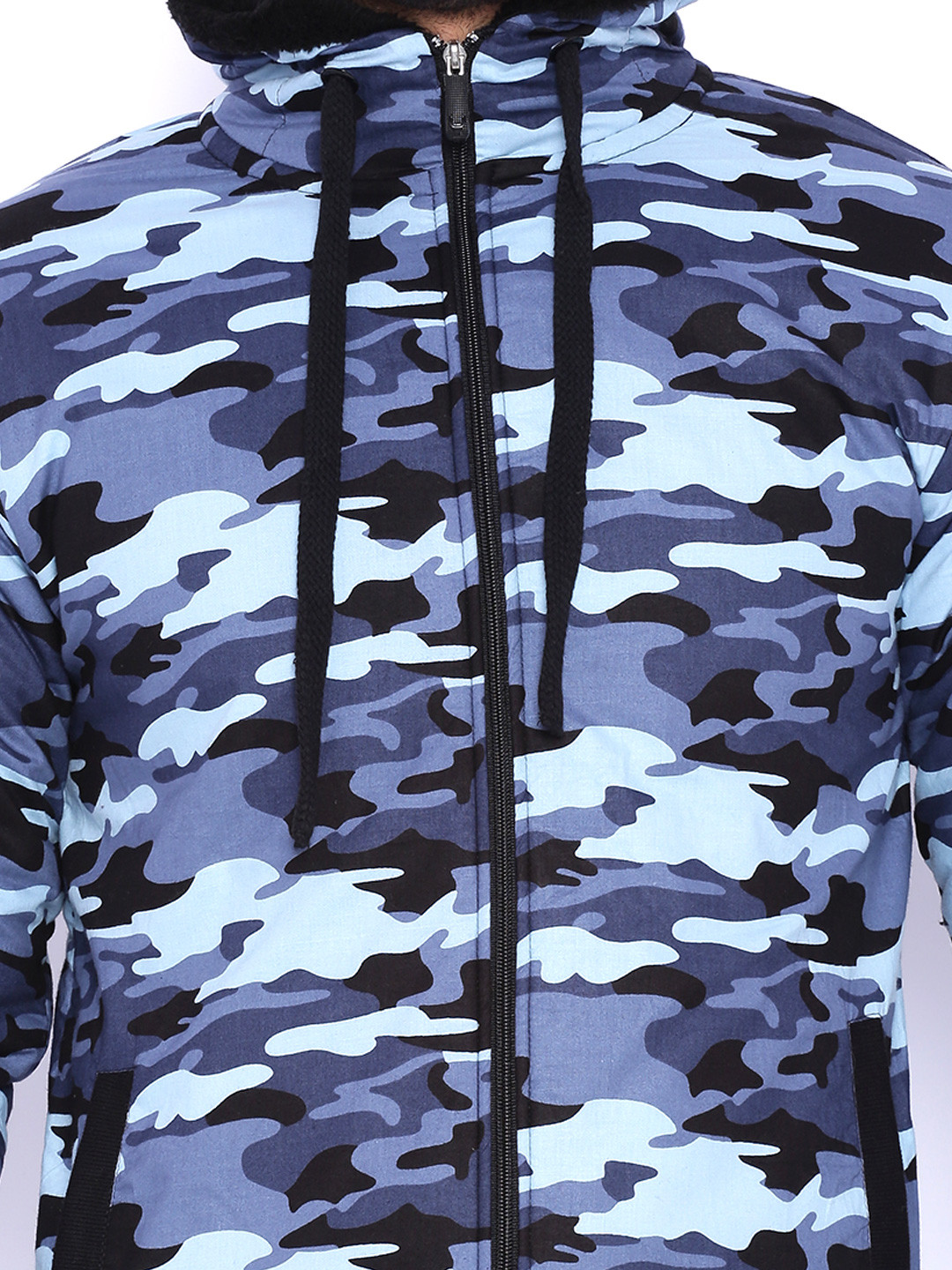 Campus Sutra Black & Blue Camouflage Print Hooded Bomber Jacket - Image 5