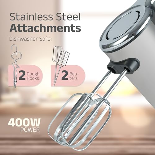 IBELL WHISK400 Electric Hand Mixer, 400W, Blender, Detachable Beaters & Dough Hooks, With Turbo Button 5 Speed Settings(Silver). - Image 4