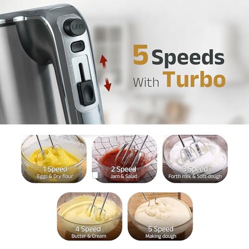 IBELL WHISK400 Electric Hand Mixer, 400W, Blender, Detachable Beaters & Dough Hooks, With Turbo Button 5 Speed Settings(Silver). - Image 5