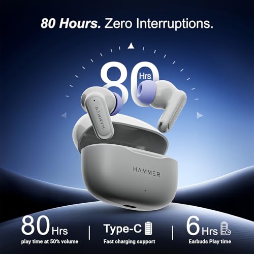 HAMMER Airflow Neo Earbuds with 80H Playtime, 13mm Titanium Driver, 40ms Gaming Mode, Fast Charging Buds, Type-C Charging, Voice Assistant, Lightweight Dual-Tone Design (Grey) - Image 2
