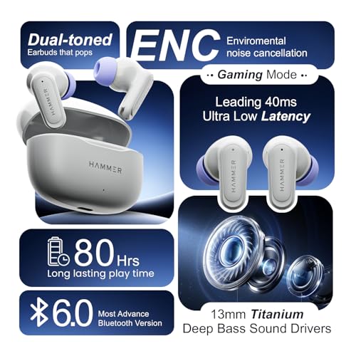 HAMMER Airflow Neo Earbuds with 80H Playtime, 13mm Titanium Driver, 40ms Gaming Mode, Fast Charging Buds, Type-C Charging, Voice Assistant, Lightweight Dual-Tone Design (Grey) - Image 7