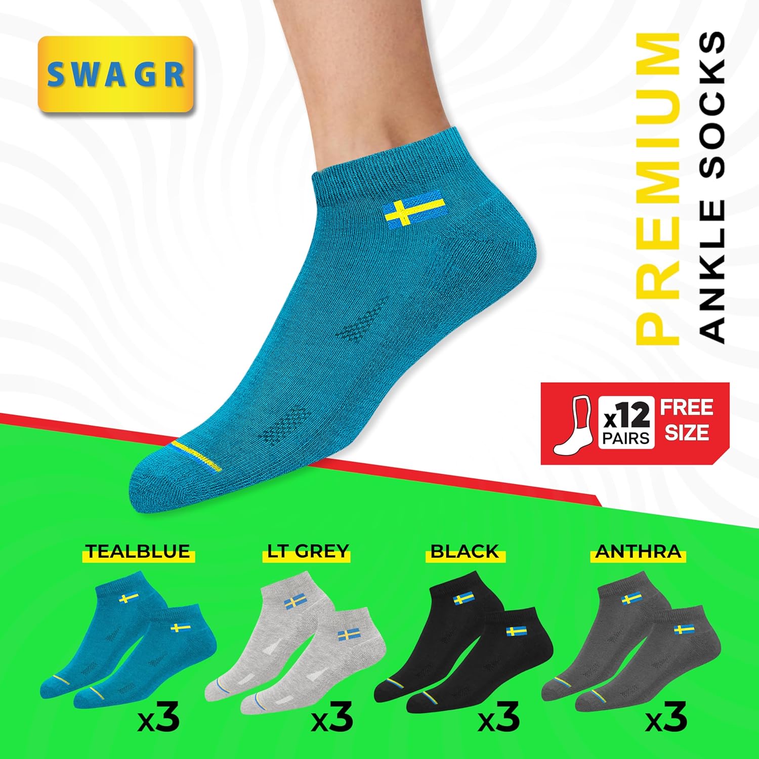 SWAGR 12 Pairs Solid Cotton Ankle Length Socks for Men Women, Pack of 12., Assorted - Image 3