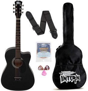 Intern INT-38C-BK-G 38 Inches basswood Cutaway Right Handed Acoustic Guitar Kit, With Bag, Strings, Pick And Strap (Black, 6 Strings) Glossy.