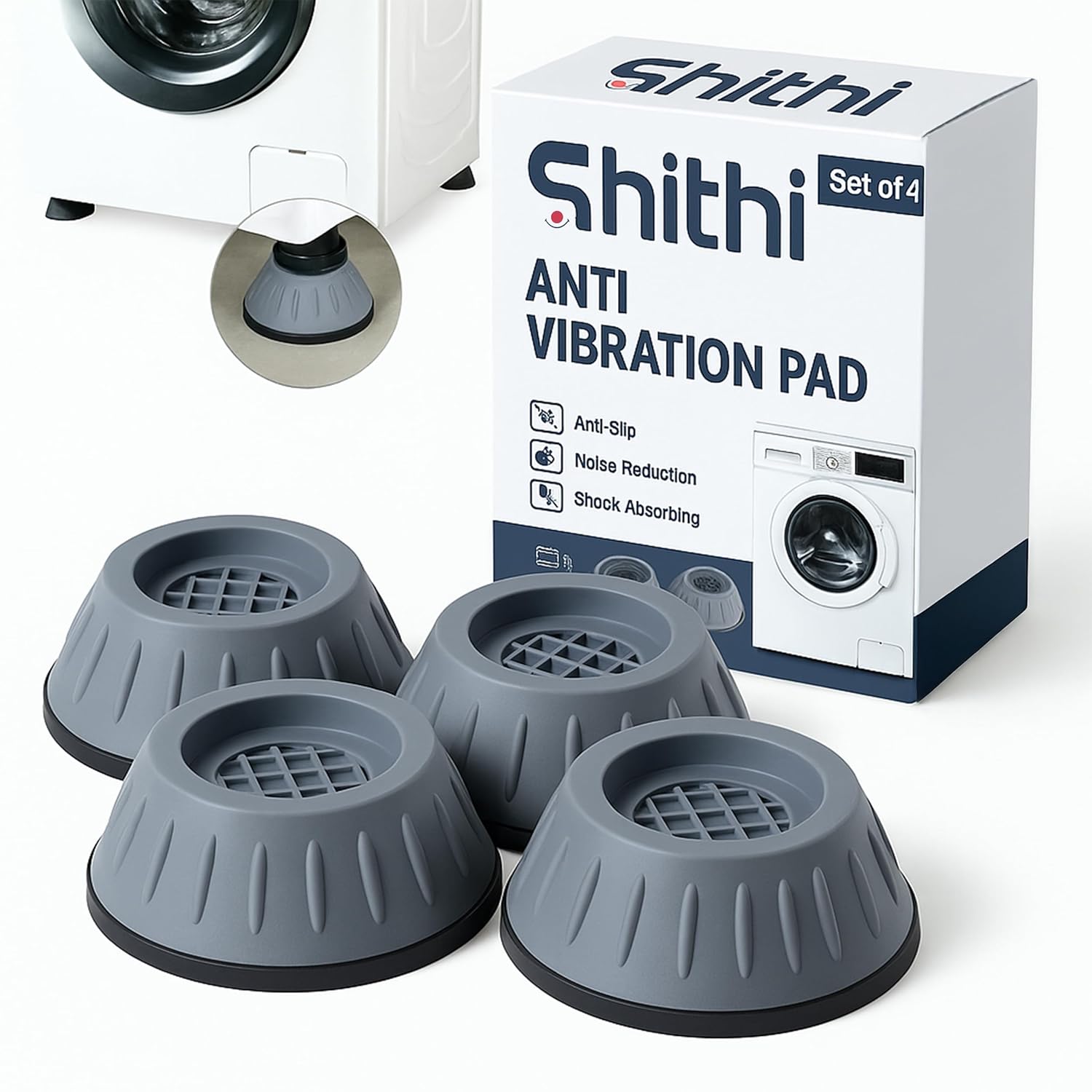 SHITHI Anti Vibration Pads for Washing Machine | Heavy Duty Shock Absorber Feet | Universal Fit for All Washers & Furnitures Heightening Pads with Suction | Noise & Movement Reducer (Set of 4)