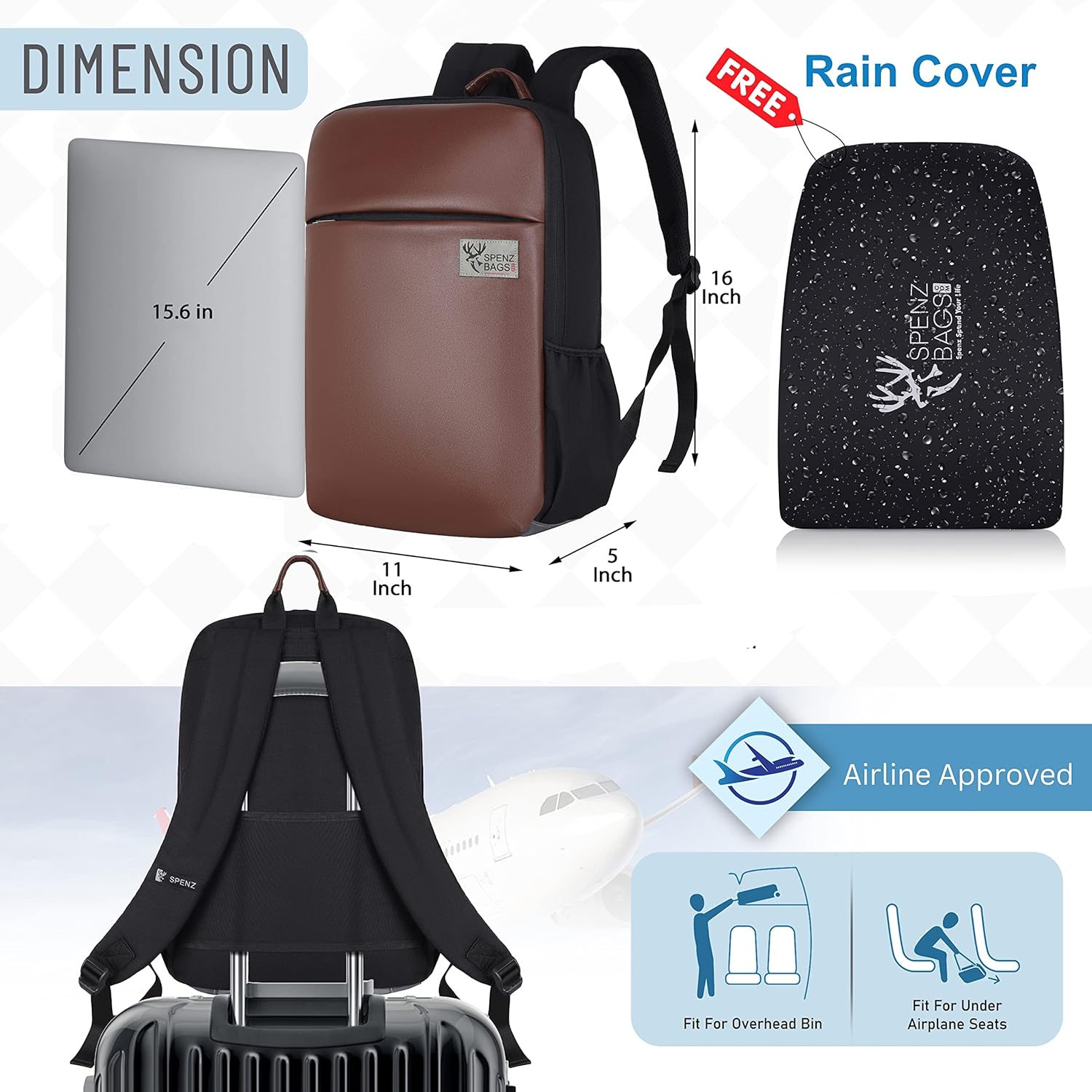 Travel Laptop Backpack for Women's & Men|Carry On Bag, College & School Students Bookbag With Raincover (Medium Size) - Image 2