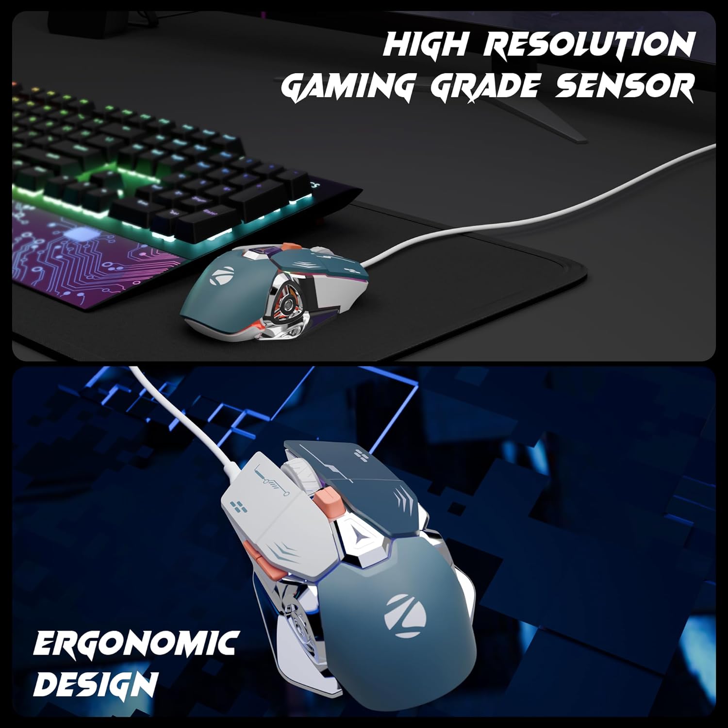 Zebronics Transformer M Plus Wired Gaming Mouse, Up to 12800 DPI, 6 Buttons with a 6-Level DPI Switch, 8 RGB Modes, 1000Hz Polling Rate, 1.5m Detachable Cable, Gaming Grade Sensor (Grey + Blue) - Image 4