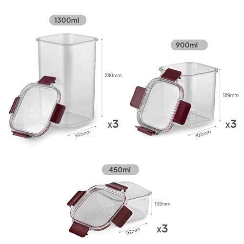 CELLO Stack Lock Storage Container Set of 9, BPA Free Air tight Kitchen Container Set, Multipurpose Storage Fridge Organiser Jar for Dry Food, Pulses, Spice (900ml + 450ml + 1300ml) x 3 each, Maroon - Image 6