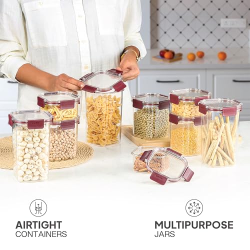 CELLO Stack Lock Storage Container Set of 9, BPA Free Air tight Kitchen Container Set, Multipurpose Storage Fridge Organiser Jar for Dry Food, Pulses, Spice (900ml + 450ml + 1300ml) x 3 each, Maroon - Image 7