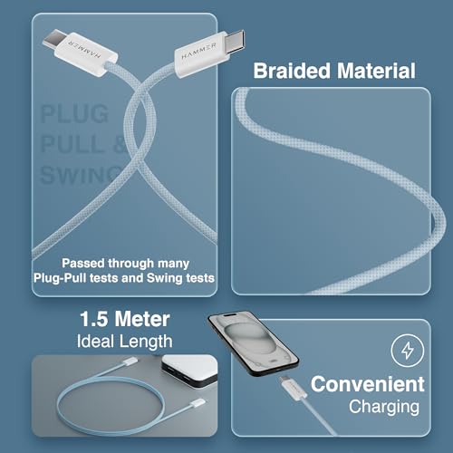 HAMMER Type C to Type C Cable 65W Braided, PD Fast Charging, Data Sync, 1.5 Meter Tangle Free Wire, Compatible with all C-Type Enabled Devices (Blue) - Image 5