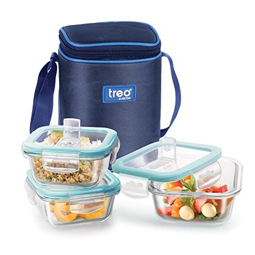 Treo by Milton All Fresh Square Glass Tiffin Containers With Insulated Jacket, 3 Containers, 320 ml Each, Blue | Microwave Safe | Ovensafe | Stackable | Leak Proof | Office | School | College | Picnic