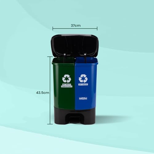 Nayasa 2-in-1 Pedal Dustbin – 33 L (16.5 L Each) | Dual Compartment Wet & Dry Waste Bin with Detachable Inner Bins | Hygienic Plastic Pedal Bin | Green & Blue - Image 4
