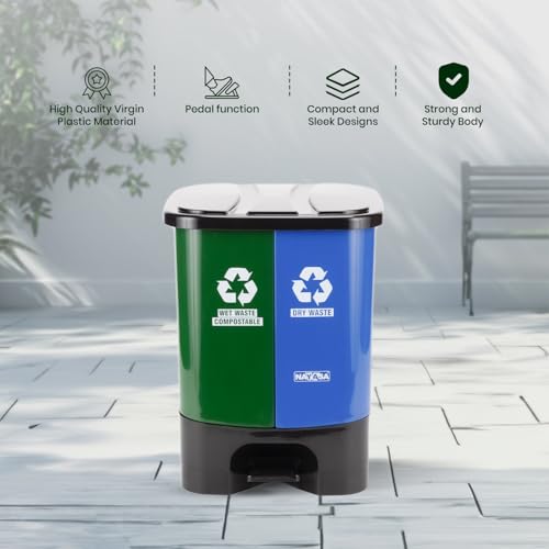 Nayasa 2-in-1 Pedal Dustbin – 33 L (16.5 L Each) | Dual Compartment Wet & Dry Waste Bin with Detachable Inner Bins | Hygienic Plastic Pedal Bin | Green & Blue - Image 5