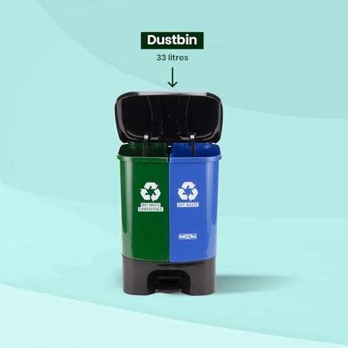 Nayasa 2-in-1 Pedal Dustbin – 33 L (16.5 L Each) | Dual Compartment Wet & Dry Waste Bin with Detachable Inner Bins | Hygienic Plastic Pedal Bin | Green & Blue - Image 6