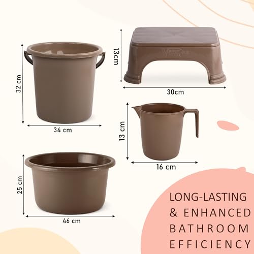 Kuber Industries Set of 4 Bathroom Combo Set | Bathing Set | Bathware Set | Tub-Bucket-Mug & Stool Combo Set for Bathroom | Modern Bathroom Accessories Set | Brown - Image 4