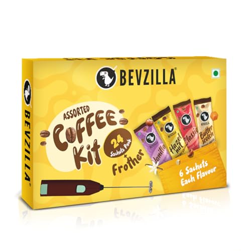 Bevzilla 24 Coffee Sachets & Frother | 24 X 2 Gram Sachets | 6 Pouches Each Flavour | Café Coffee Kit | Classic, Hazelnut, Vanilla & Butterscotch | Arabica Beans | Enjoy Hot & Cold