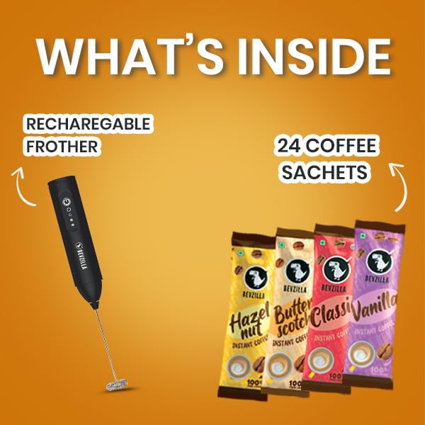 Bevzilla 24 Coffee Sachets & Frother | 24 X 2 Gram Sachets | 6 Pouches Each Flavour | Café Coffee Kit | Classic, Hazelnut, Vanilla & Butterscotch | Arabica Beans | Enjoy Hot & Cold - Image 3
