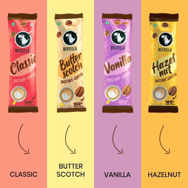 Bevzilla 24 Coffee Sachets & Frother | 24 X 2 Gram Sachets | 6 Pouches Each Flavour | Café Coffee Kit | Classic, Hazelnut, Vanilla & Butterscotch | Arabica Beans | Enjoy Hot & Cold - Image 4