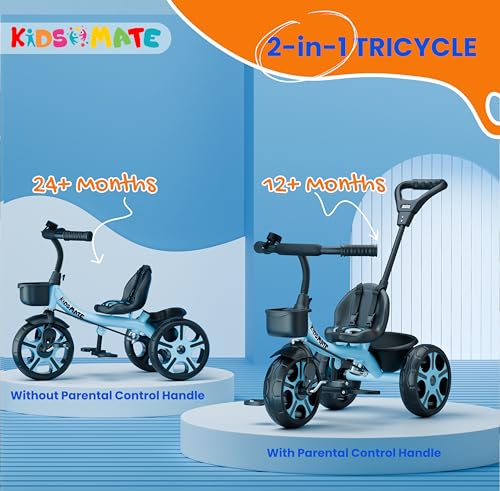 Kidsmate Junior Tricycle for Kids with Parental Control | Cycle for Kids 1-4 Years | Baby Cycle | Bicycle with Storage Basket, Cushion Seat and Seat Belt Carrying Capacity 30 Kgs (Blue) - Image 4