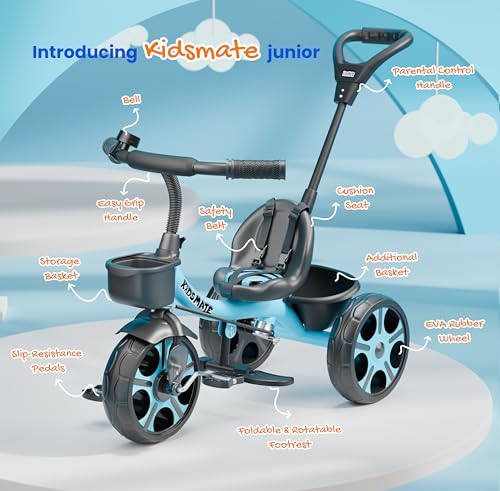 Kidsmate Junior Tricycle for Kids with Parental Control | Cycle for Kids 1-4 Years | Baby Cycle | Bicycle with Storage Basket, Cushion Seat and Seat Belt Carrying Capacity 30 Kgs (Blue) - Image 5
