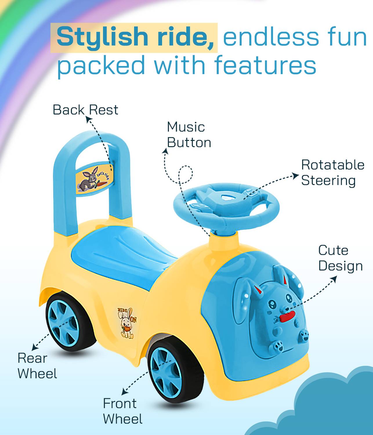 Miss & Chief Miss & Chief Baby Bunny Rideon Car with Music, for kids 8months+, upto 20kg Rideons & Wagons Battery Operated Ride On - Image 2