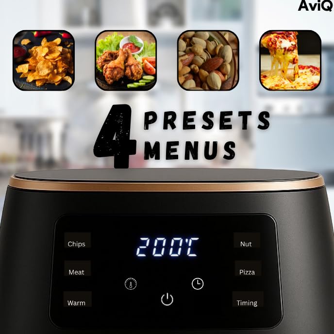 AviQ Air Fryer AF04, uses upto 85% less oil, 1400W, 4.5 Litre, with Omni-Directional Turbine Cycle Air Flow using Uniform Motor Drive Technology, Two Tone body (Black & Gold) - Image 3