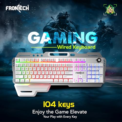 FRONTECH KB-0013P Wired Gaming Keyboard | 104 Keys with Rainbow Backlight | 19 Anti-Ghosting Keys | USB Plug & Play | 1.5m Braided Cable | White-Grey | Compatible with Windows 11/10/8/7 - Image 3
