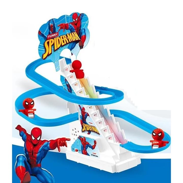 Stair Climbing Cartoon Character Roller Coaster Slide Toy with 3 Small Dolls, Automatic Stair-Climbing Toy with Lights & Music (Cartoon Character Will be Send as per Available in Stock)