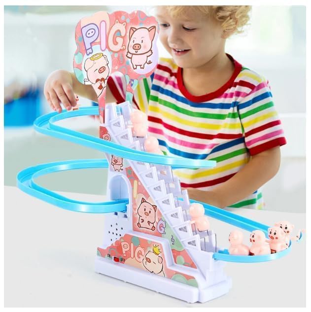 Stair Climbing Cartoon Character Roller Coaster Slide Toy with 3 Small Dolls, Automatic Stair-Climbing Toy with Lights & Music (Cartoon Character Will be Send as per Available in Stock) - Image 5