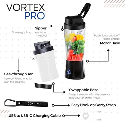 Kilig Vortex Pro 360W Dual Mode Portable Blender for Smoothie and Juices, 6000 mAh Battery, 2in1 700ml Jar, 22000RPM, 6 Sided Blade, USB Type C, Juicer, Mixer, Blender Machine for Kitchen - BT - Image 3