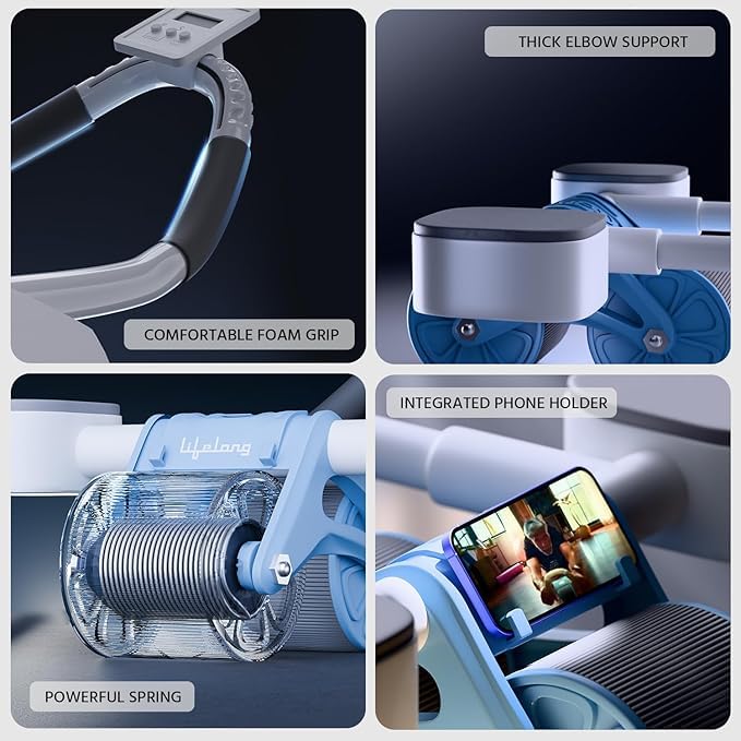 Lifelong LLAR02 Ab Roller With Automatic Rebound, Elbow Support, Timer & Mobile Holder, Dual Non-Slip Wheels, Professional Core Strength Training Ab Roller, Home Gym Core Trainer With Knee Pad – Blue - Image 5