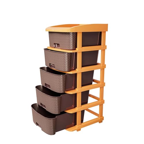 TEX-RO Plastic Modular Drawer Organizer Plastic Drawer Storage Chest of Drawers Rack Drawer Organizer Storage Box, Large Stomo Racks for Multipurpose Anti-Slip Shoes Organizers | Brown | 5 Layer