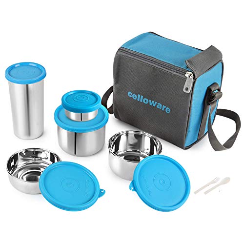 CELLO Steelox Set of 5 Pcs Lunch Box with Jacket For Office, Blue | 550ml, 375ml, 225ml, 50ml Stainless Steel Containers & 375ml Tumbler |Lightweight Leakproof Airtight Tiffin Box For Daily Use Travel