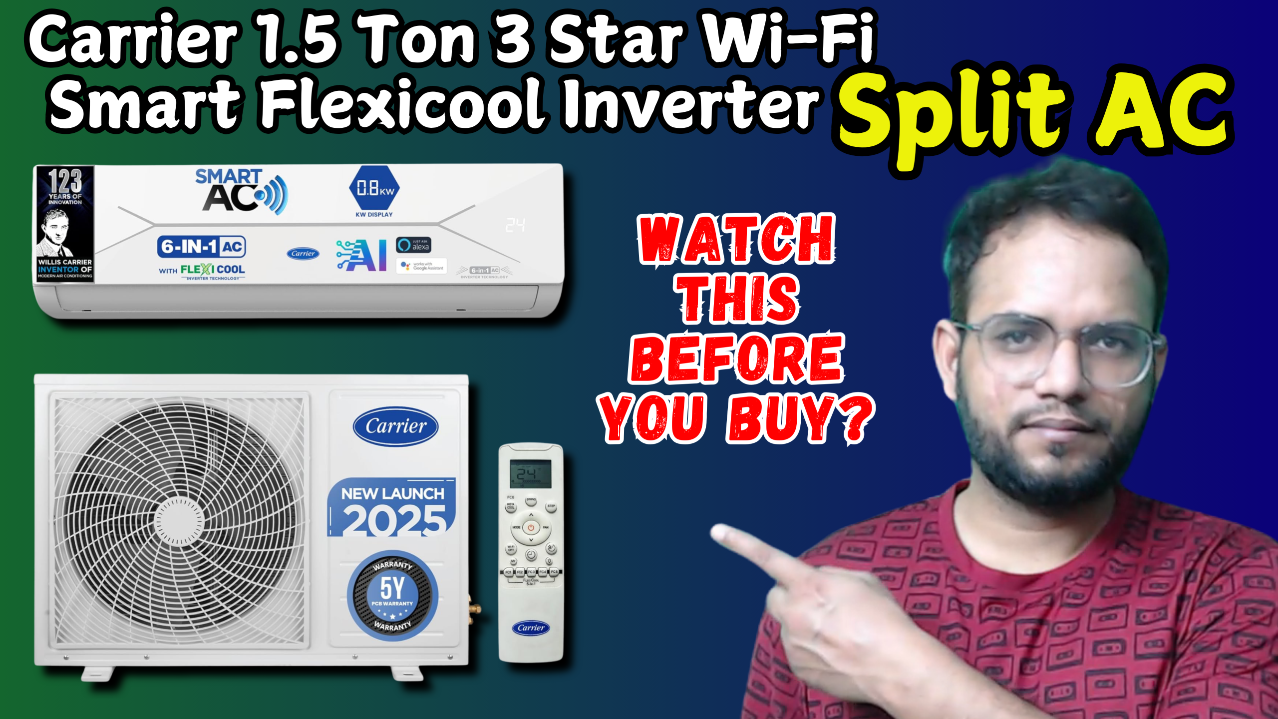 Carrier 1.5 Ton 3 Star Flexicool Inverter Split AC (Copper, Convertible 6-in-1 with Smart Energy Display, Insta Cool, Auto Clean, PM 2.5 Filter, New BEE rated, ESTER EDGE Gxi-CAI18EE3R36F0, White) - Image 2