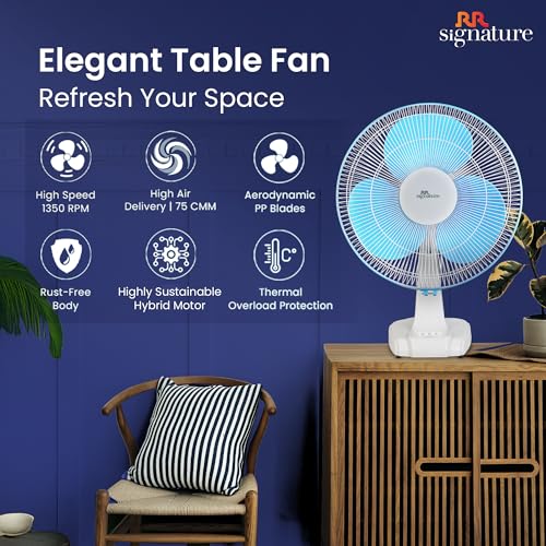 RR Signature Centaur 400 MM Table Fan For Home & Office|90 Degree Silent Oscillation | High Air Delivery | 3 Speed Setting | 2 Year Warranty 【White-Blue】 - Image 4