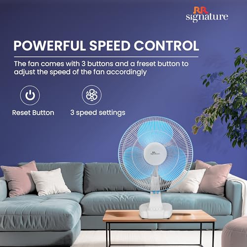 RR Signature Centaur 400 MM Table Fan For Home & Office|90 Degree Silent Oscillation | High Air Delivery | 3 Speed Setting | 2 Year Warranty 【White-Blue】 - Image 6