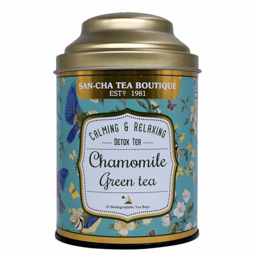 Sancha Tea Boutique, Chamomile Green Tea, Stress Relief & Calming Herbal Tisane, Real Chamomile Flowers for Good Sleep, 25 Pyramid Bags