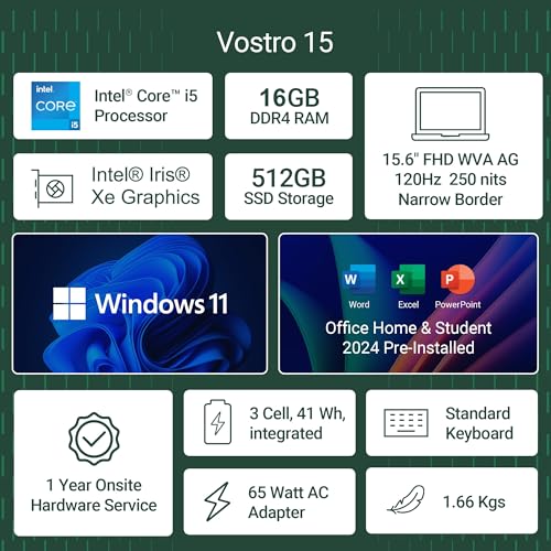 Dell 15, 13th Gen Intel Core i5-1334U (16GB DDR4, 512GB SSD) Anti-Glare FHD 15.6"/39.62cm, Windows 11, Microsoft Office Home 2024, Grey, 1.66kg, [Vostro 3530], 12 Month McAfee, Thin & Light Laptop - Image 3
