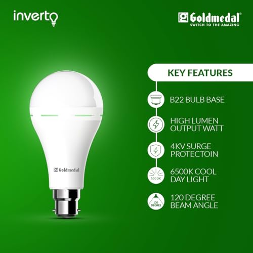 Goldmedal Inverto 12W B22 Emergency Rechargeable LED Bulb |Inverter Bulb for Home & Shops | Upto 4 Hour Back Up | Ideal for Power cuts | Energy Efficient |Cool Daylight(6500K) - Image 3