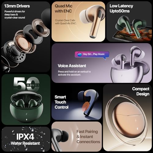 Fire-Boltt Aero TWS Earbuds Custom EQ, Wireless Bluetooth 5.4, Music & App Support, 50H Playtime, Fast Charging Case, 50ms Low Latency for Gaming, Touch Controls, IPX4 Waterproof, Clear Calls - Black - Image 4