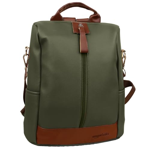 amazon basics Women Convertible PU Leather 2 Compartment Backpack | Water-Resistant Fits 13" Laptop | Anti-Theft Pockets | Crossbody, Shoulder, Tote | Ideal for Office, College, Travel & Gifts (Green)