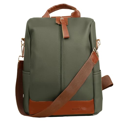 amazon basics Women Convertible PU Leather 2 Compartment Backpack | Water-Resistant Fits 13" Laptop | Anti-Theft Pockets | Crossbody, Shoulder, Tote | Ideal for Office, College, Travel & Gifts (Green) - Image 3