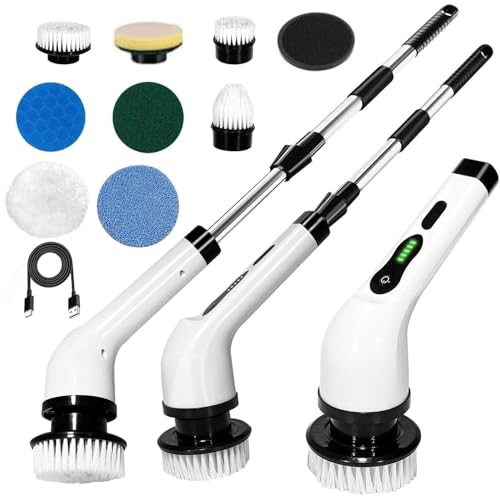 Seseno 9 in 1 Electric Spin Scrubber, Cleaning Brush Scrubber for Home, 300RPM/Min, 8 Replaceable Brush Heads, 3 Adjustable Size, 2 Adjustable Speeds, for Bathroom, Floor Tiles