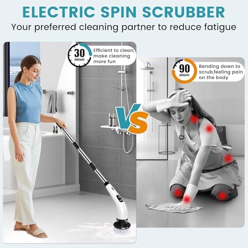 Seseno 9 in 1 Electric Spin Scrubber, Cleaning Brush Scrubber for Home, 300RPM/Min, 8 Replaceable Brush Heads, 3 Adjustable Size, 2 Adjustable Speeds, for Bathroom, Floor Tiles - Image 3